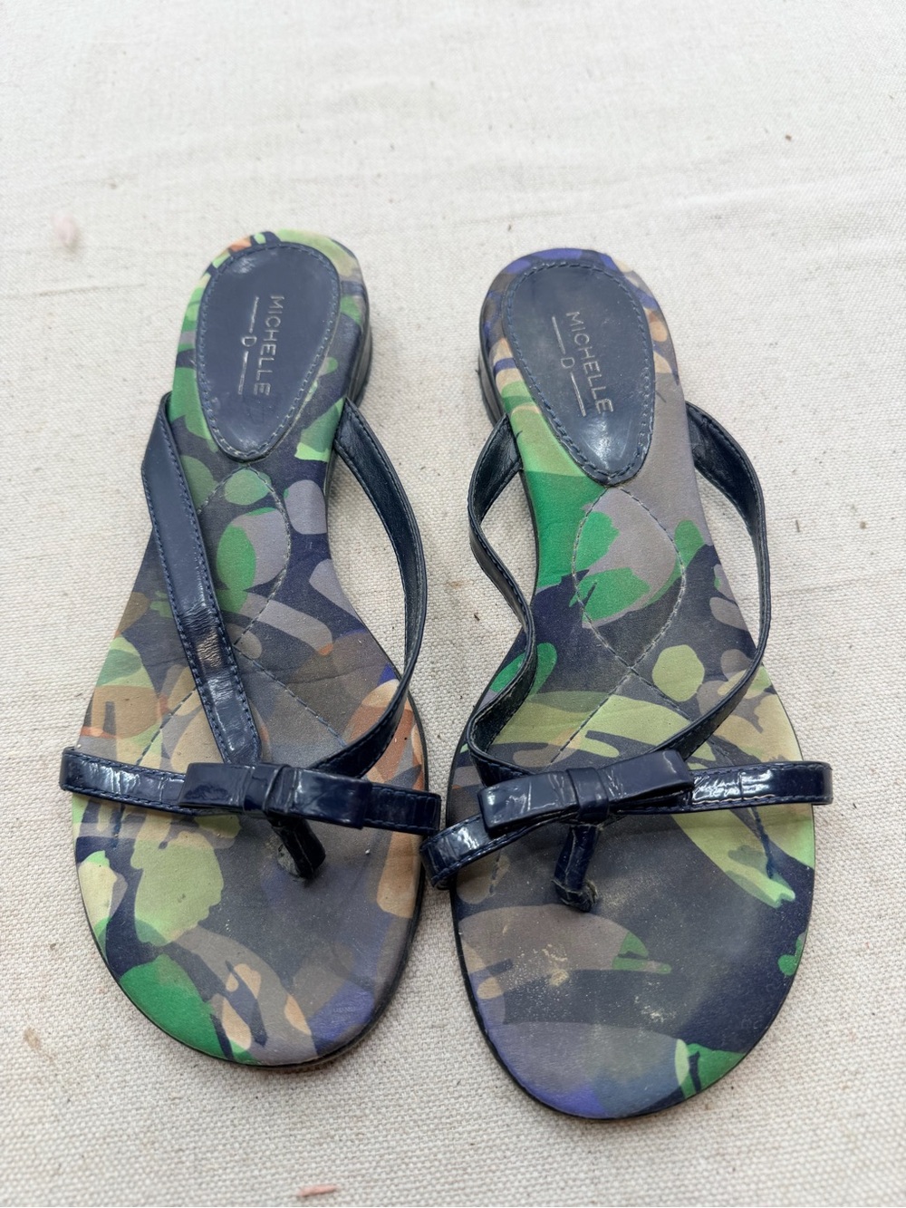 Michelle D Navy Patent Thong Sandals with Camouflage Footbed and Bow Strap